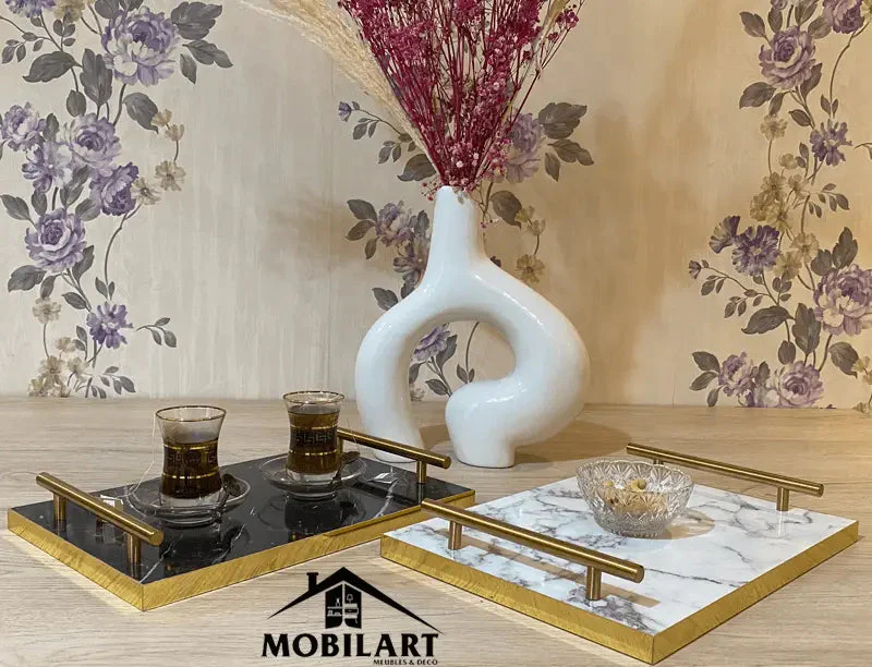 Plateau de service en MDF marbré avec poignées dorées // 2 pcs 2200DA