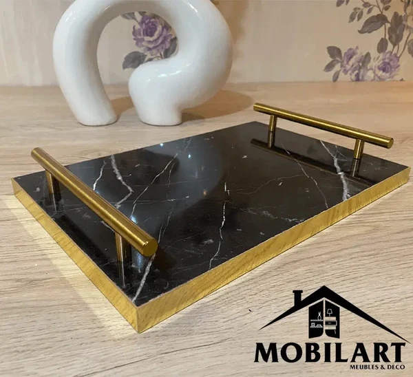 Plateau de service en MDF marbré avec poignées dorées // 2 pcs 2200DA