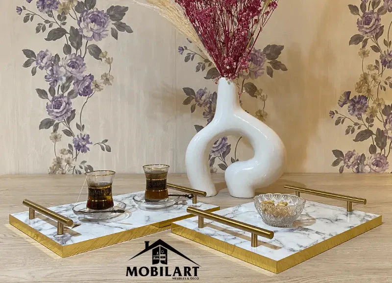 Plateau de service en MDF marbré avec poignées dorées // 2 pcs 2200DA