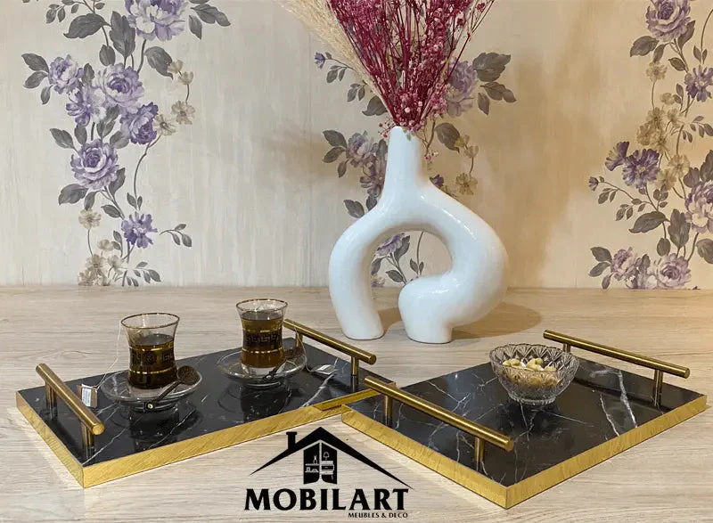 Plateau de service en MDF marbré avec poignées dorées // 2 pcs 2200DA